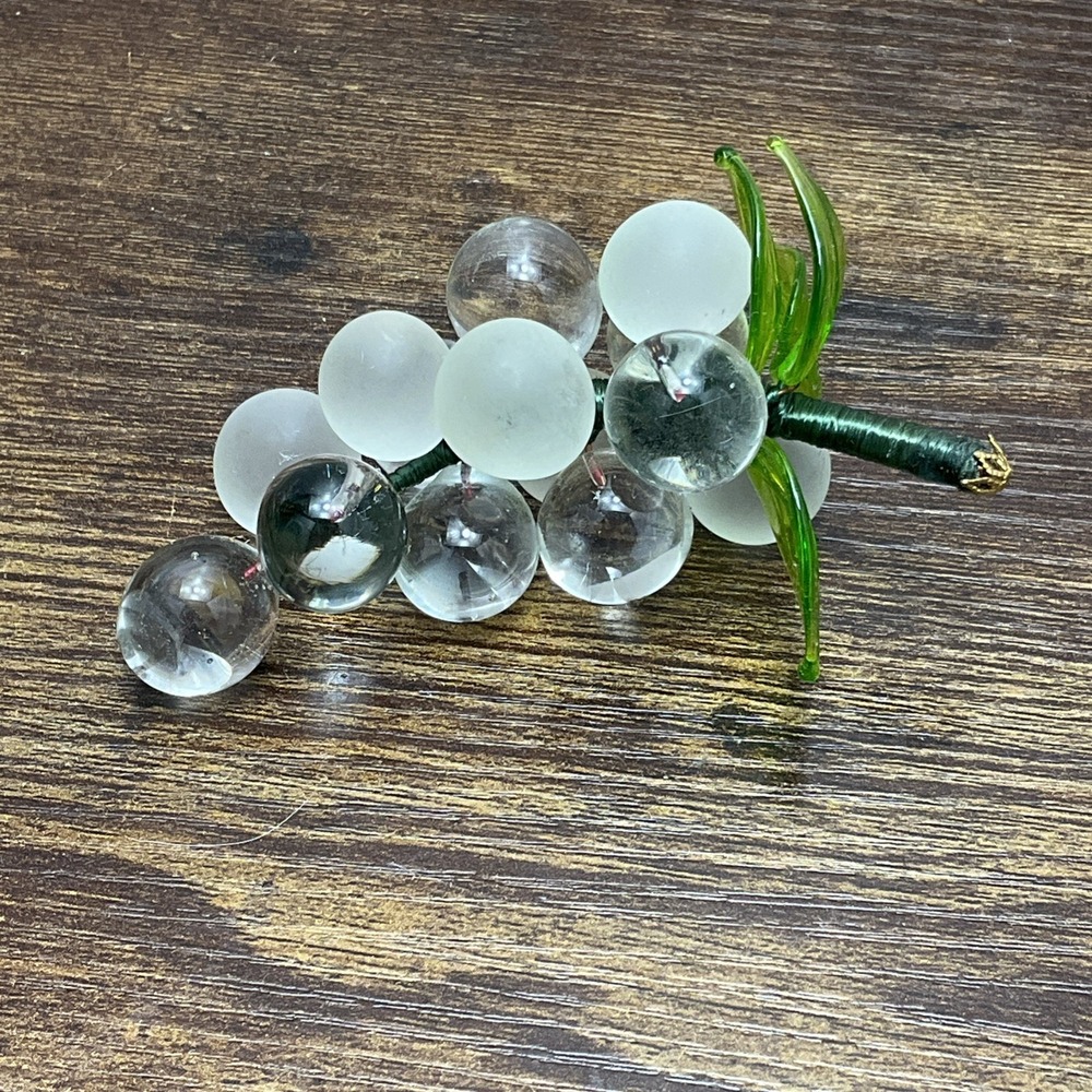 Vintage Miniature Clear &‎ Frosted Grape Cluster 4" Long Wrapped Stem